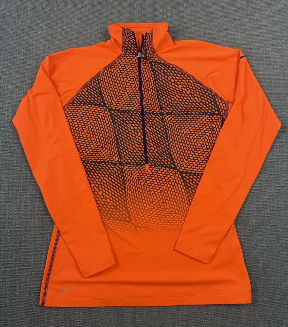 Nike Pro Womens LARGE Orange Navy Geo Print Fleece Lined Half Zip Pullover Top L